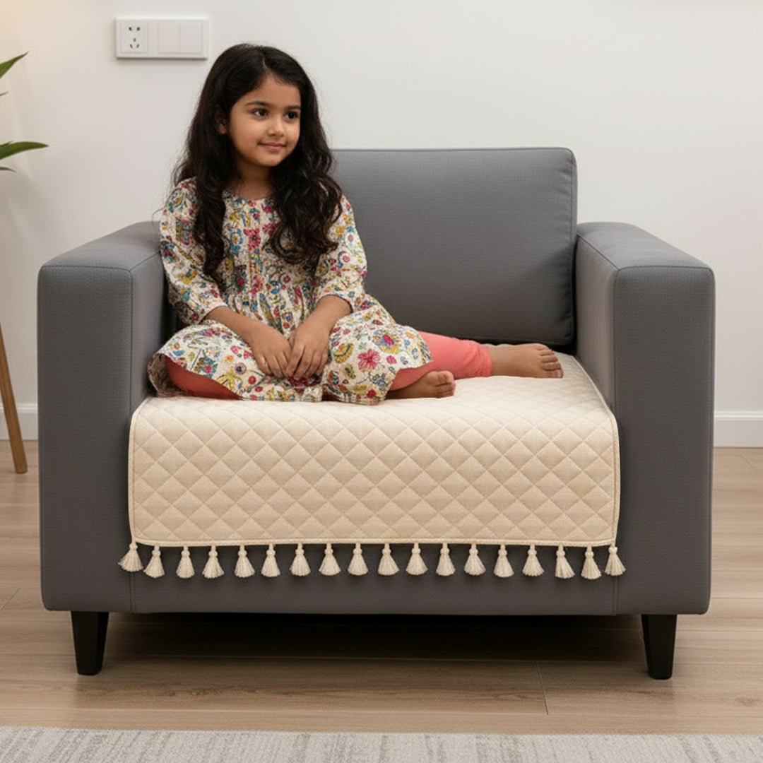 Quilted Velvet Sofa Cover with Tassels (Beige)