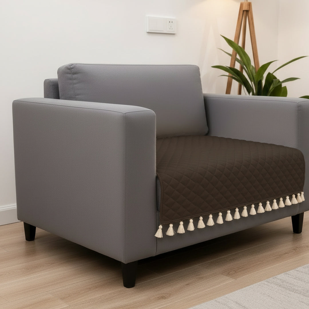 Quilted Velvet Sofa Cover with Tassels (Brown)