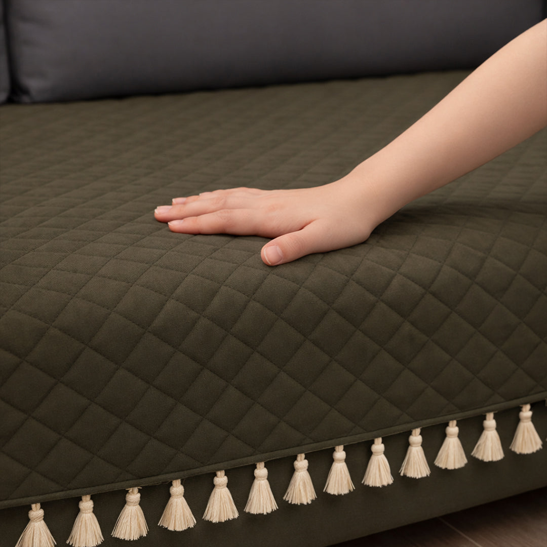 Quilted Velvet Sofa Cover with Tassels (Brown)