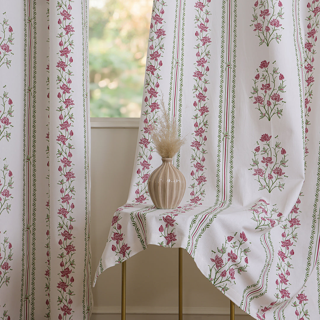Pink Floral Petal Stripe Rod Pocket Printed duck Curtain