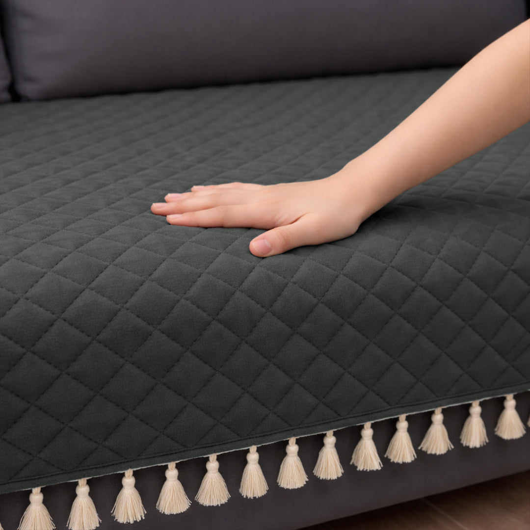 Quilted Velvet Sofa Cover with Tassels (Grey)
