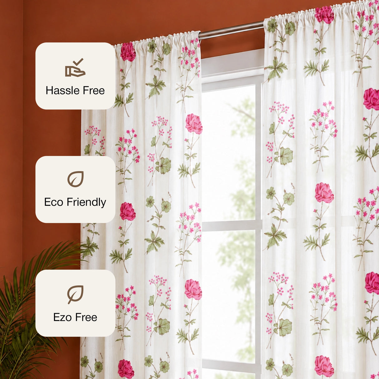 Pink Floral Printed Rod Pocket Duck Curtain