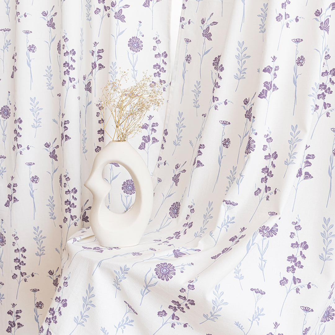 Blue & Purple Floral Flaux Rod Pocket Duck Curtain