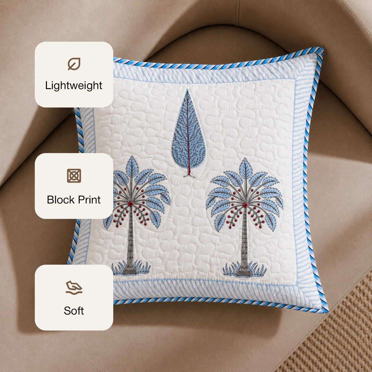 Ombre Lupine - Hand Block Print Quilted Cushion Cover (Blue)