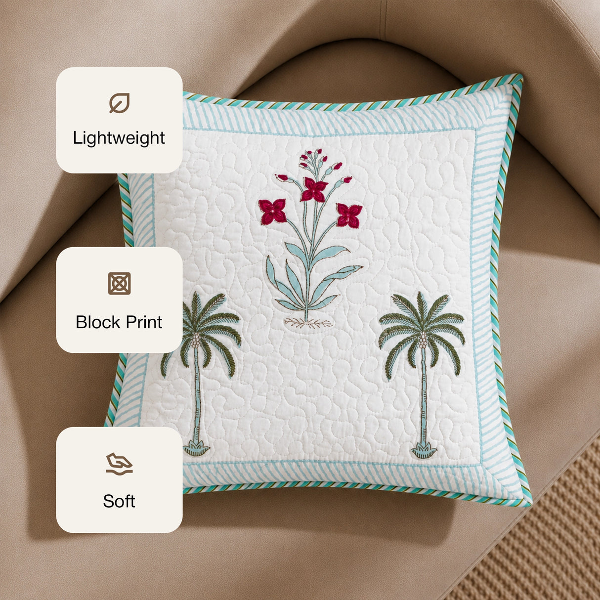 Ombre Tulip - Hand Block Print Quilted Cushion Cover (Green)