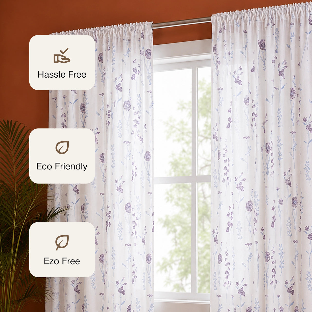 Blue & Purple Floral Flaux Rod Pocket Duck Curtain