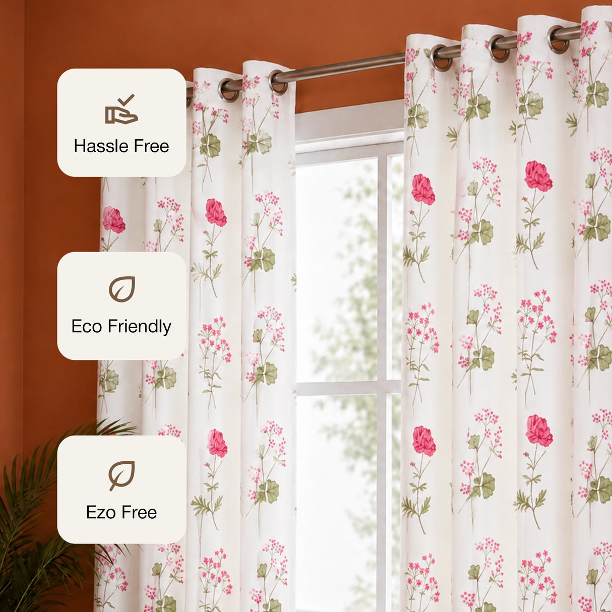 Pink Floral Printed Eyelet Duck Curtain