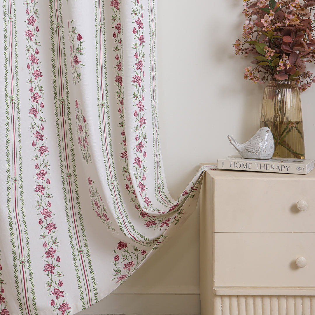 Pink Floral Petal Stripe Eyelet Printed duck Curtain