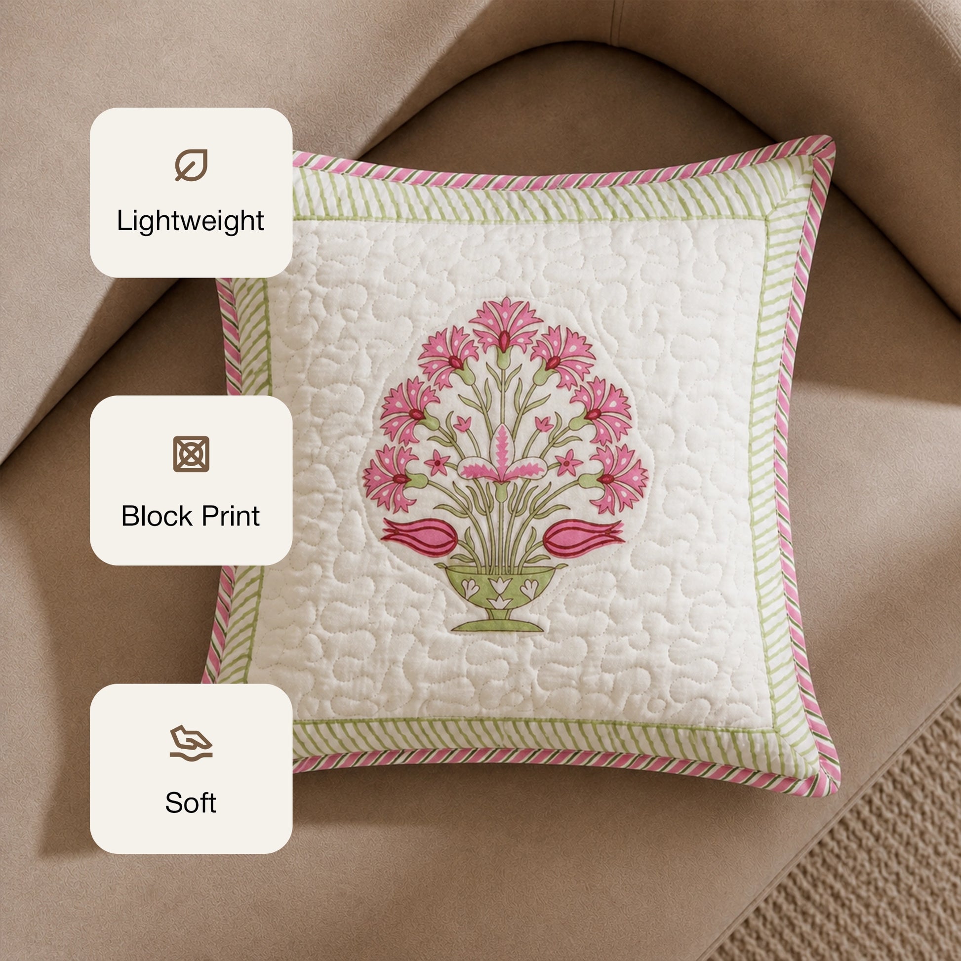 Ombre Rosey - Hand Block Print Quilted Cushion Cover (Pink)