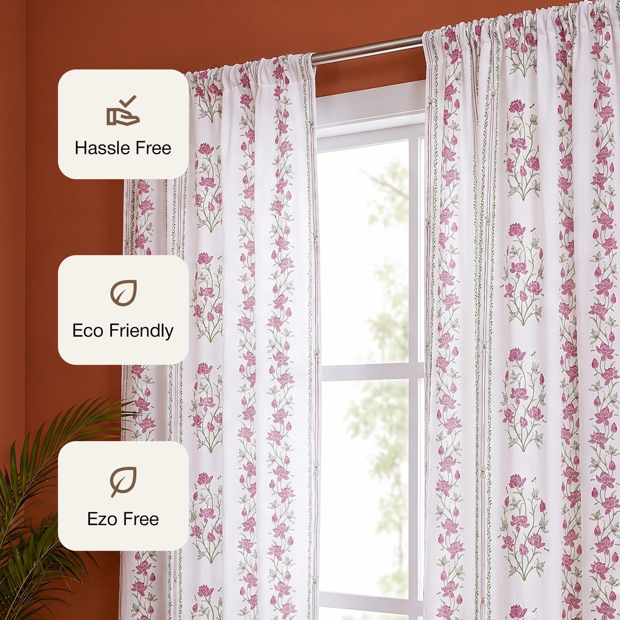 Pink Floral Petal Stripe Rod Pocket Printed duck Curtain