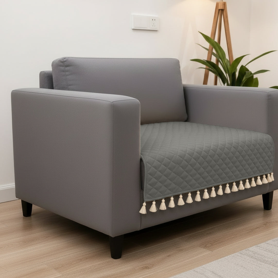Quilted Velvet Sofa Cover with Tassels (Grey)