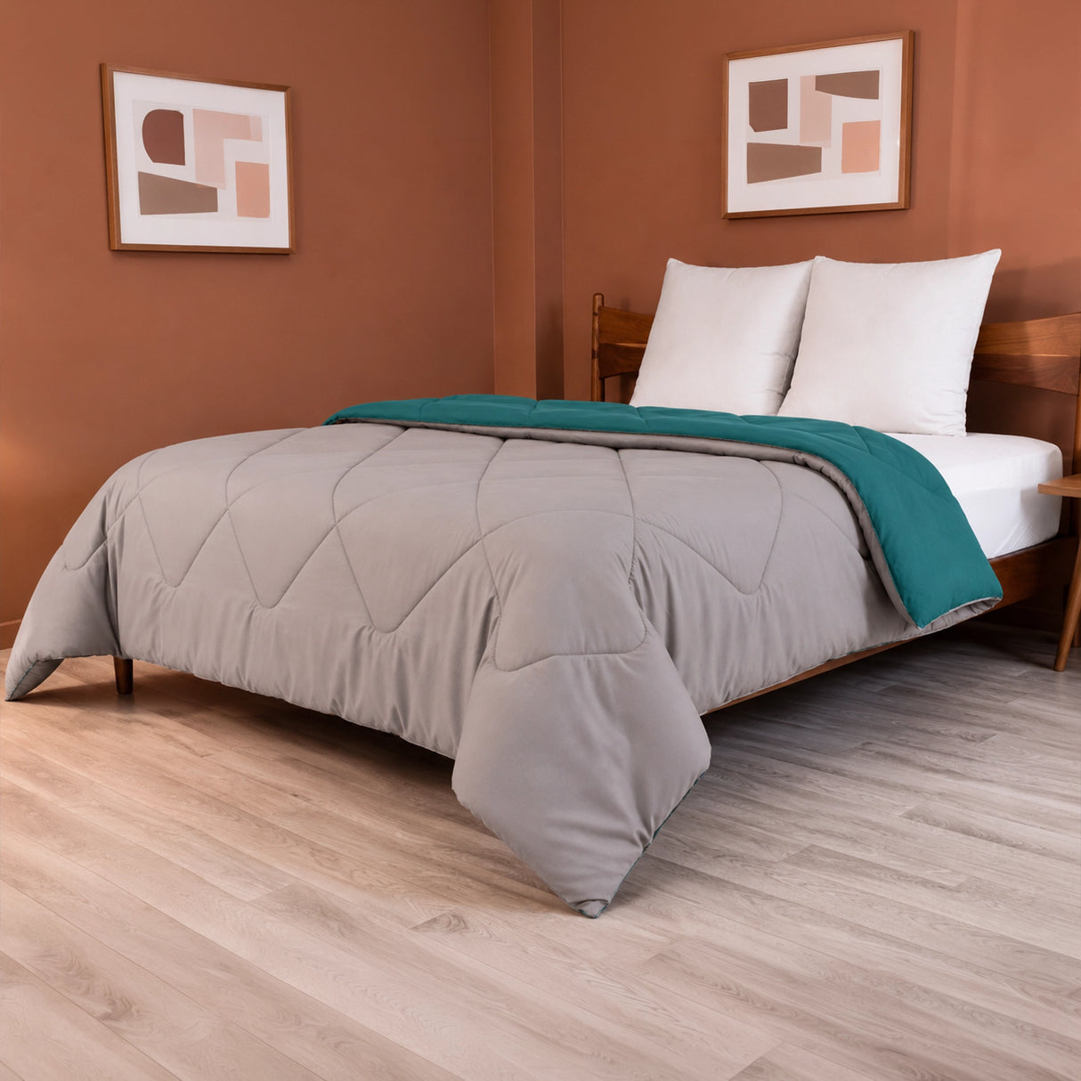 Fort - Box Stitch Duvet Comforter (Teal & Light Grey)