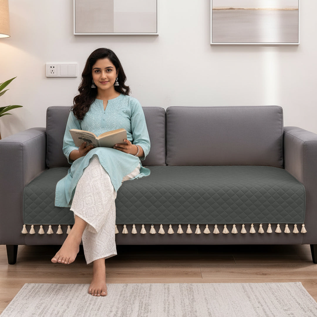 Quilted Velvet Sofa Cover with Tassels (Grey)