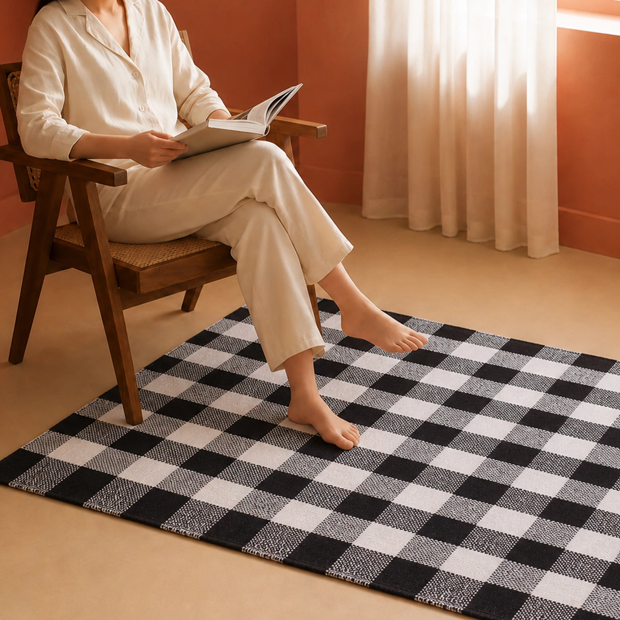 Breton Shadowplay - Plaid Cotton Rug (Black & White)