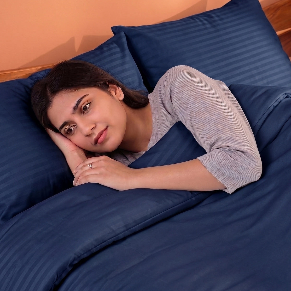 Breton Mellow - Satin Striped Duvet Cover (Navy Blue)