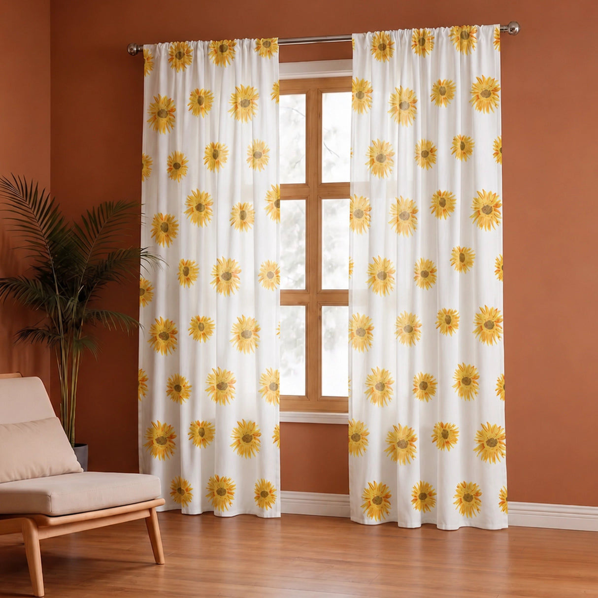 Yellow Sunflower Printed Rod Pocket Duck Curtain