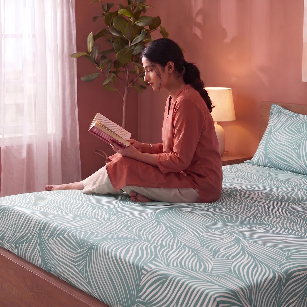 Mint Green Feather - Fitted Sheet (Mint Green & White)
