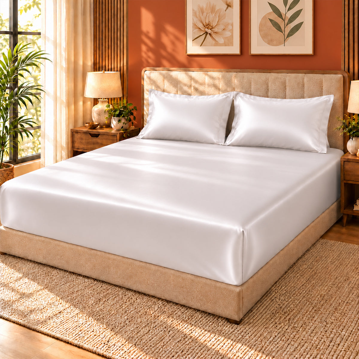 Premium Poly Satin Fitted Bedsheet – Soft, Smooth & Snug Fit, Champagne