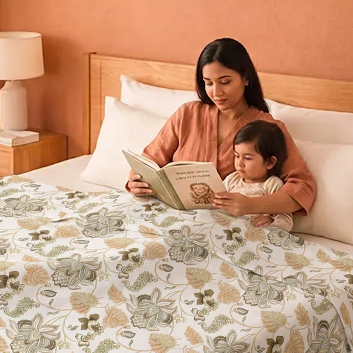 Imprimer Symphony - Floral Printed Dohar (White & Dark Camel)