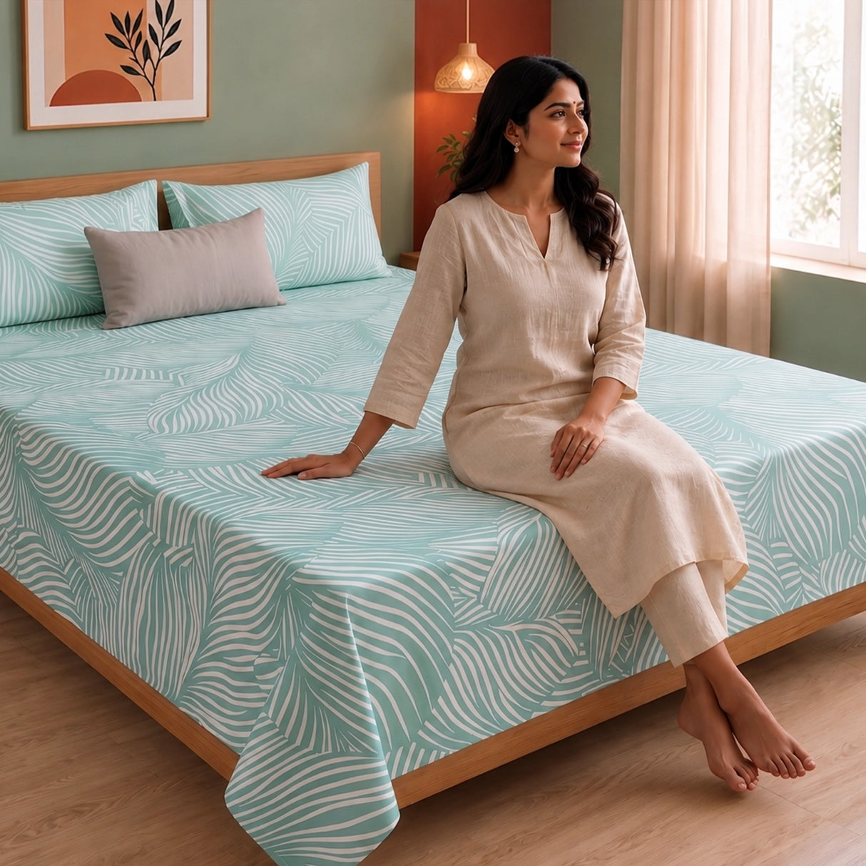 Mint Green Feather - Bedsheet (Green & White)