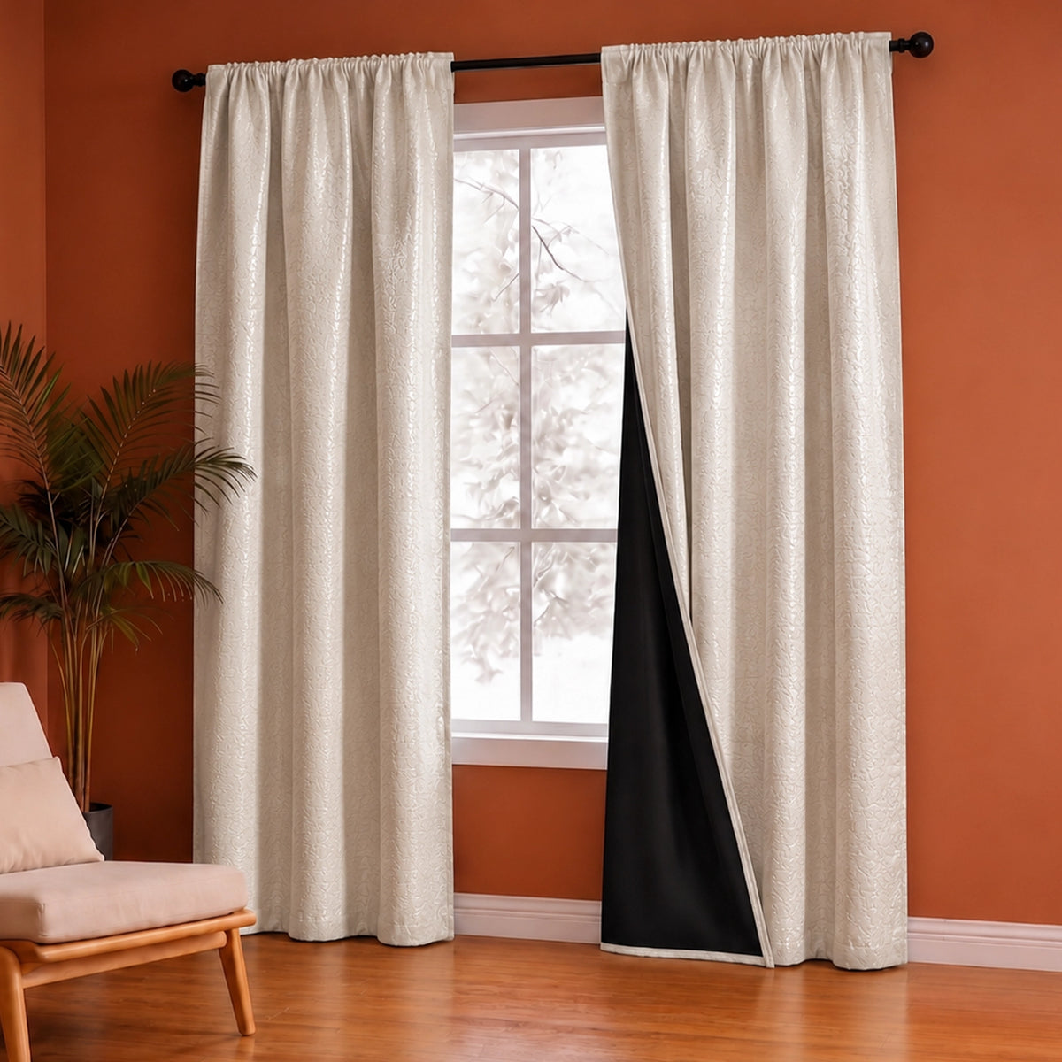 Fort Essential Abstract - Rod Pocket Black Backing Blackout Curtain (Off White)