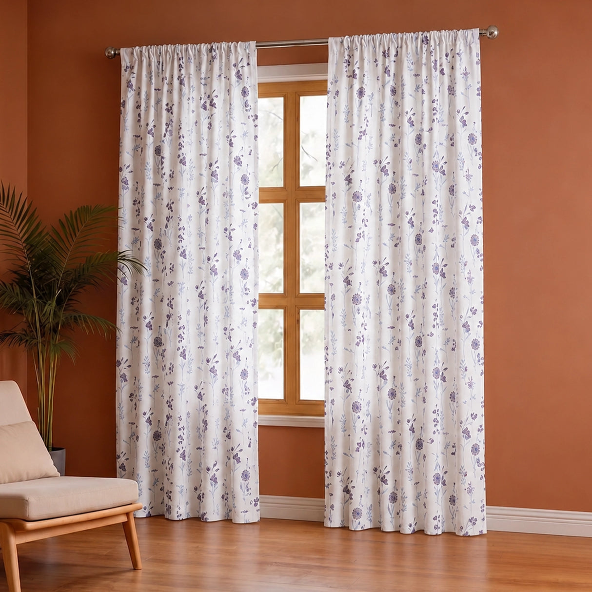 Blue & Purple Floral Flaux Rod Pocket Duck Curtain
