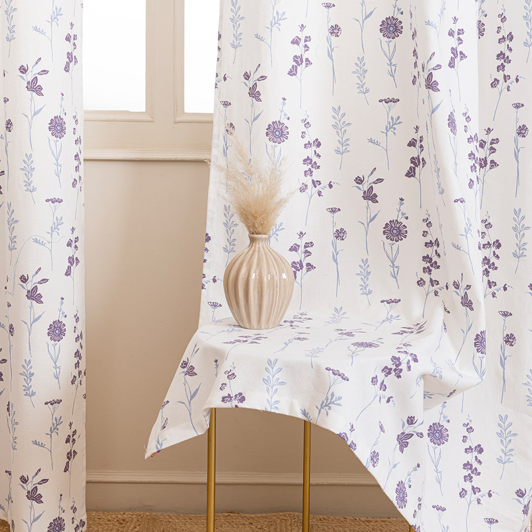 Blue & Purple Floral Flaux Eyelet Duck Curtain