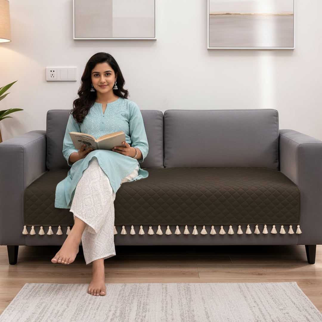 Quilted Velvet Sofa Cover with Tassels (Brown)