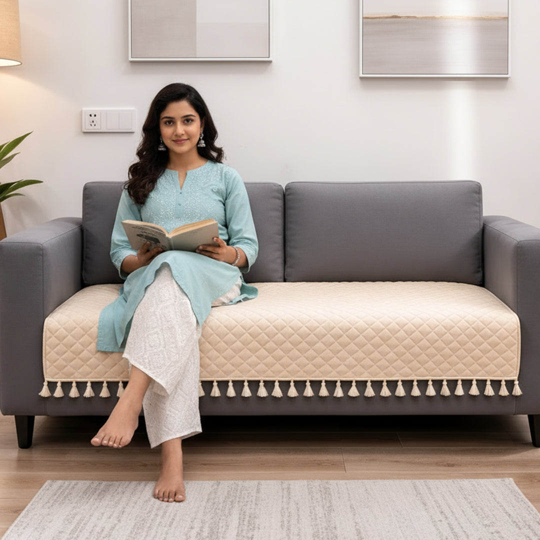 Quilted Velvet Sofa Cover with Tassels (Beige)