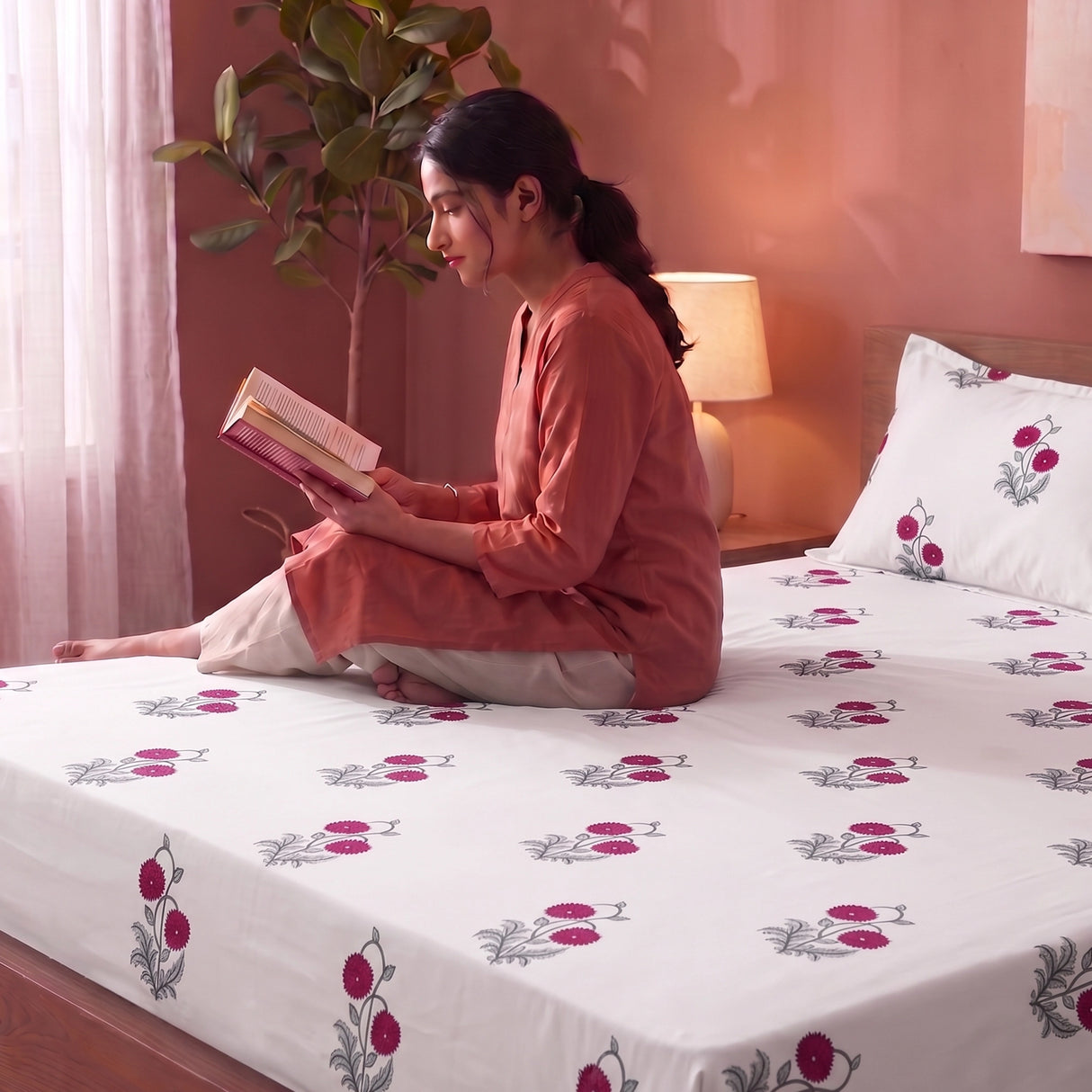 Imprimer Vignette - Floral Printed Fitted Bedsheet (Red)
