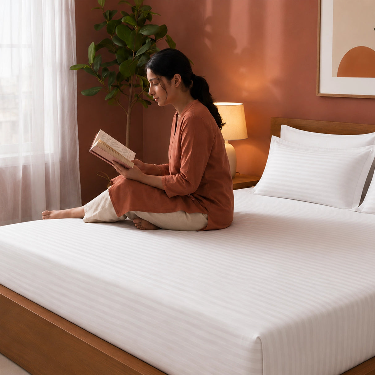 Breton Drift - Satin Stripes Fitted Bedsheet (White)