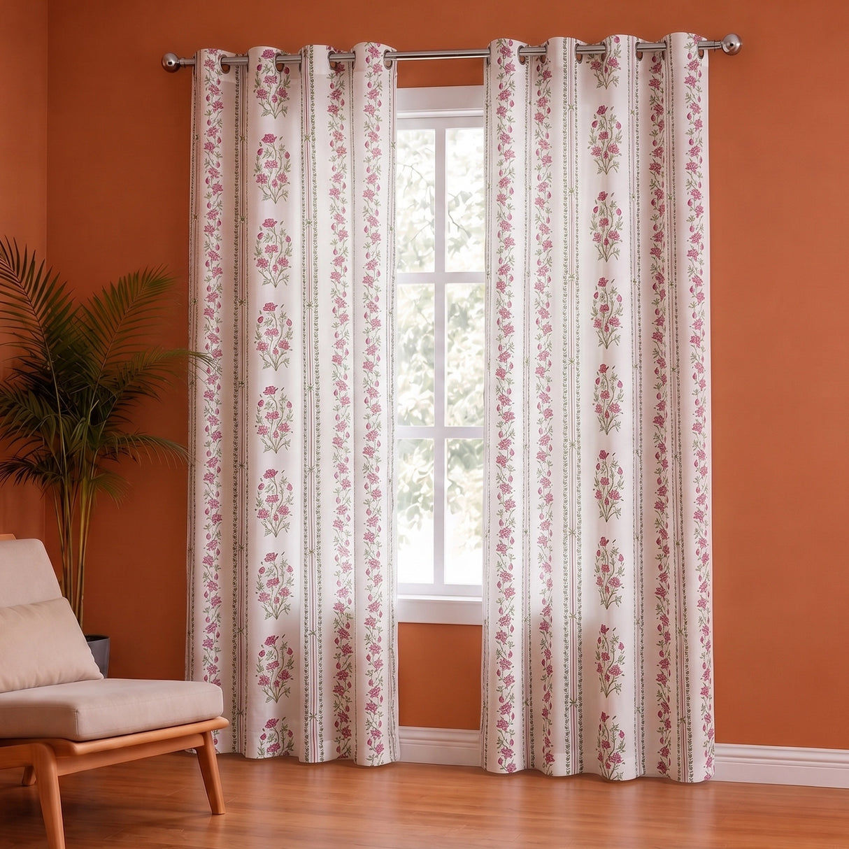 Pink Floral Petal Stripe Eyelet Printed duck Curtain
