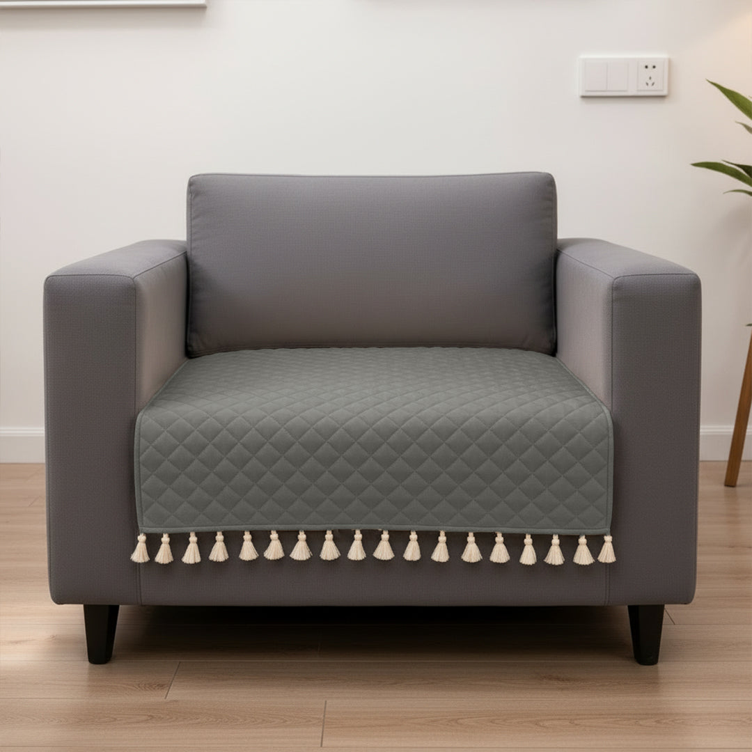 Quilted Velvet Sofa Cover with Tassels (Grey)