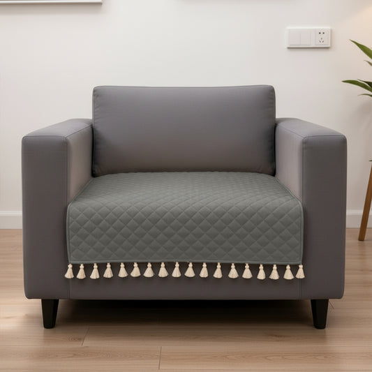 Quilted Velvet Sofa Cover with Tassels (Grey)Quilted Velvet Sofa Cover with Tassels (Grey)