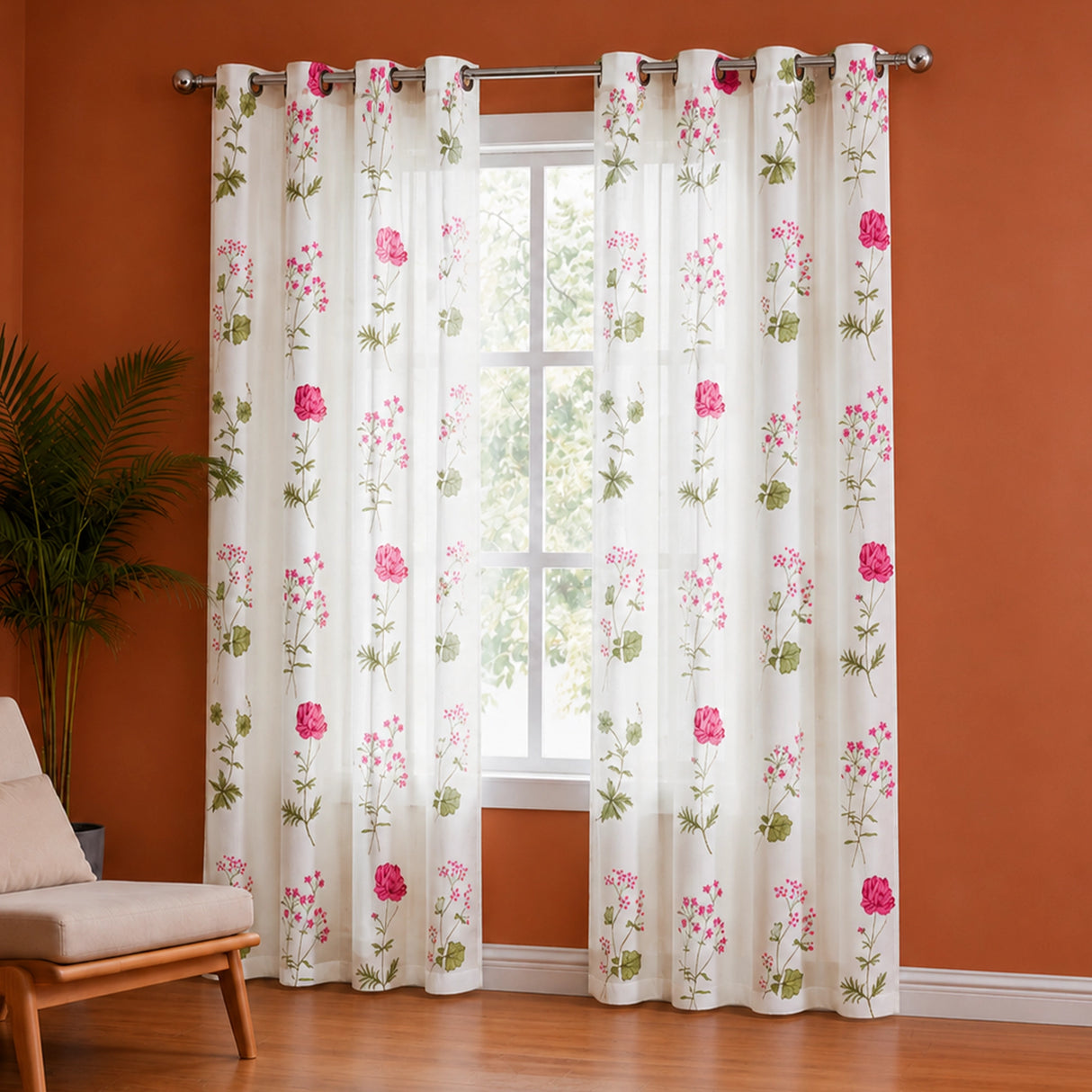 Pink Floral Printed Eyelet Duck Curtain