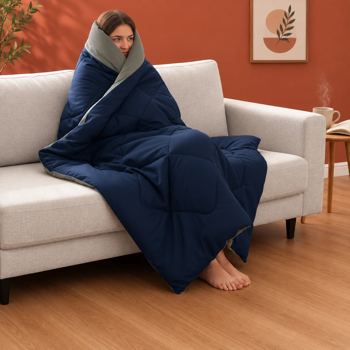 Fort - Box Stitch Duvet Comforter (Dark Blue & Light Grey)