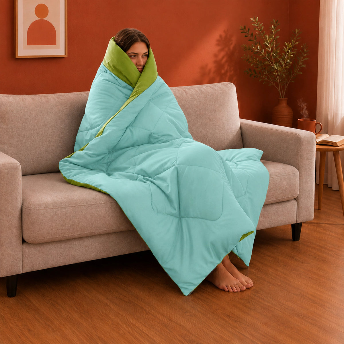 Fort - Box Stitch Duvet Comforter (Parrot Green & Aqua Green)