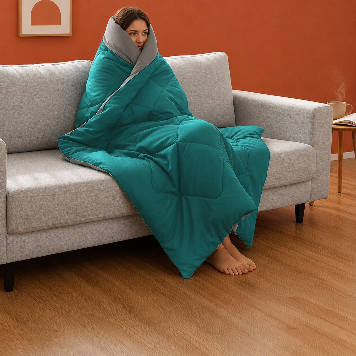 Fort - Box Stitch Duvet Comforter (Teal & Light Grey)