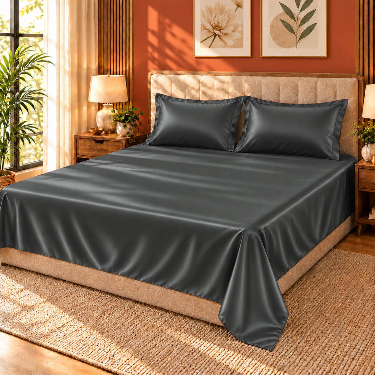 Premium Poly Satin Bedsheet – Soft, Smooth & Silky,Graphite Grey