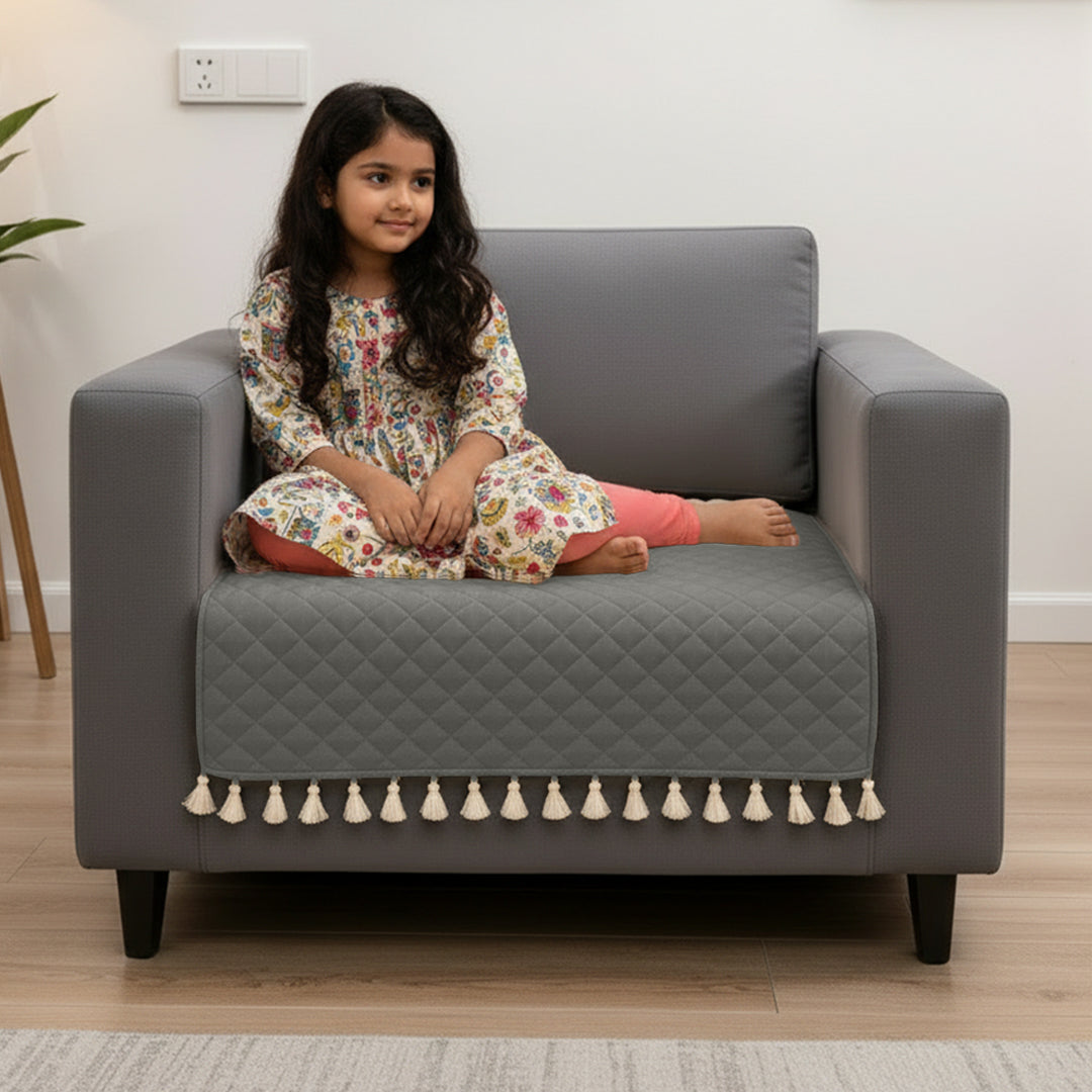 Quilted Velvet Sofa Cover with Tassels (Grey)