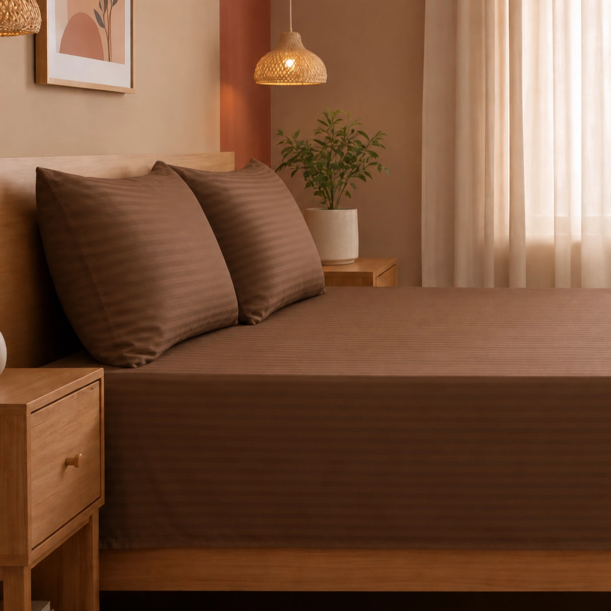 Breton Nap - Satin Stripes Bedsheet (Brown)
