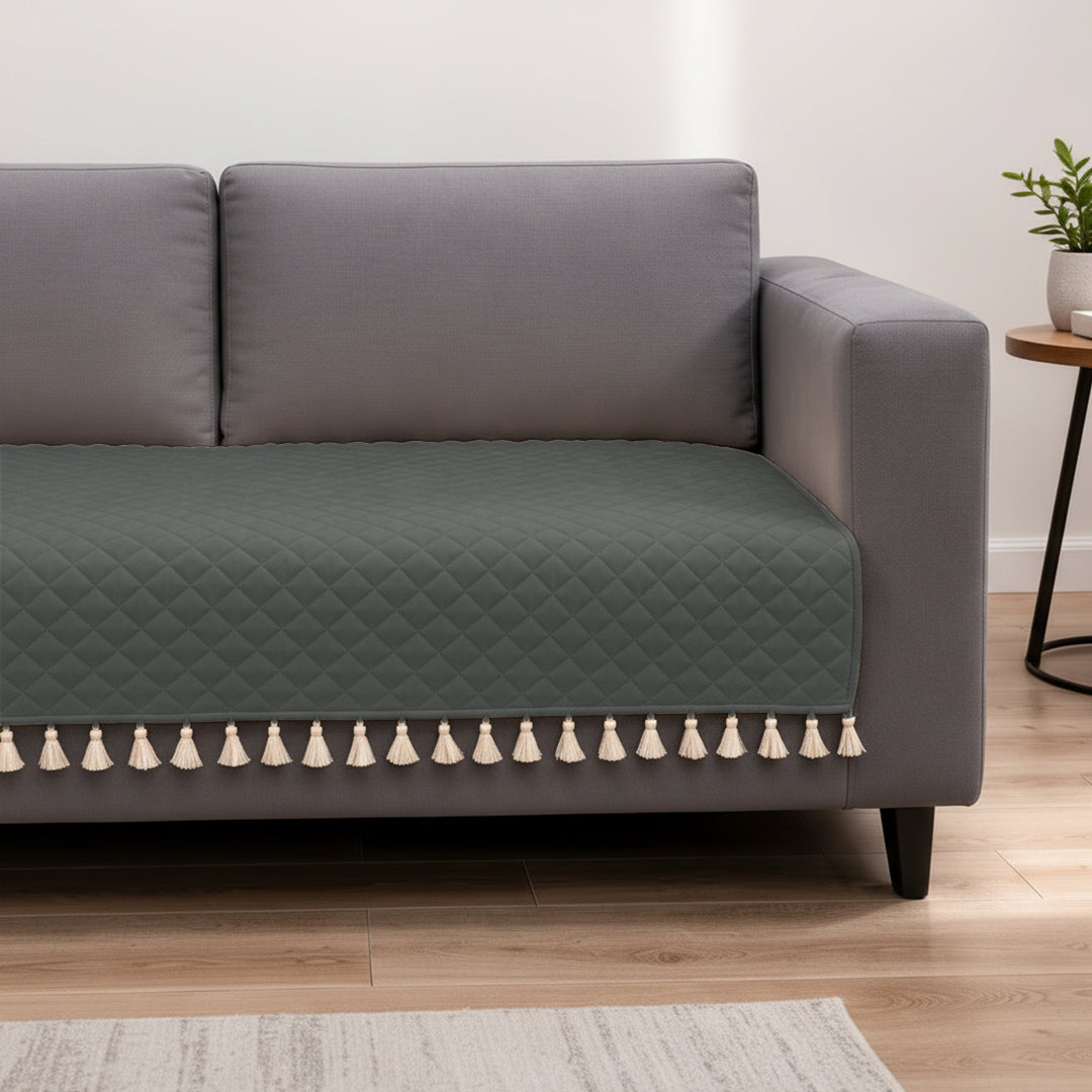 Quilted Velvet Sofa Cover with Tassels (Grey)