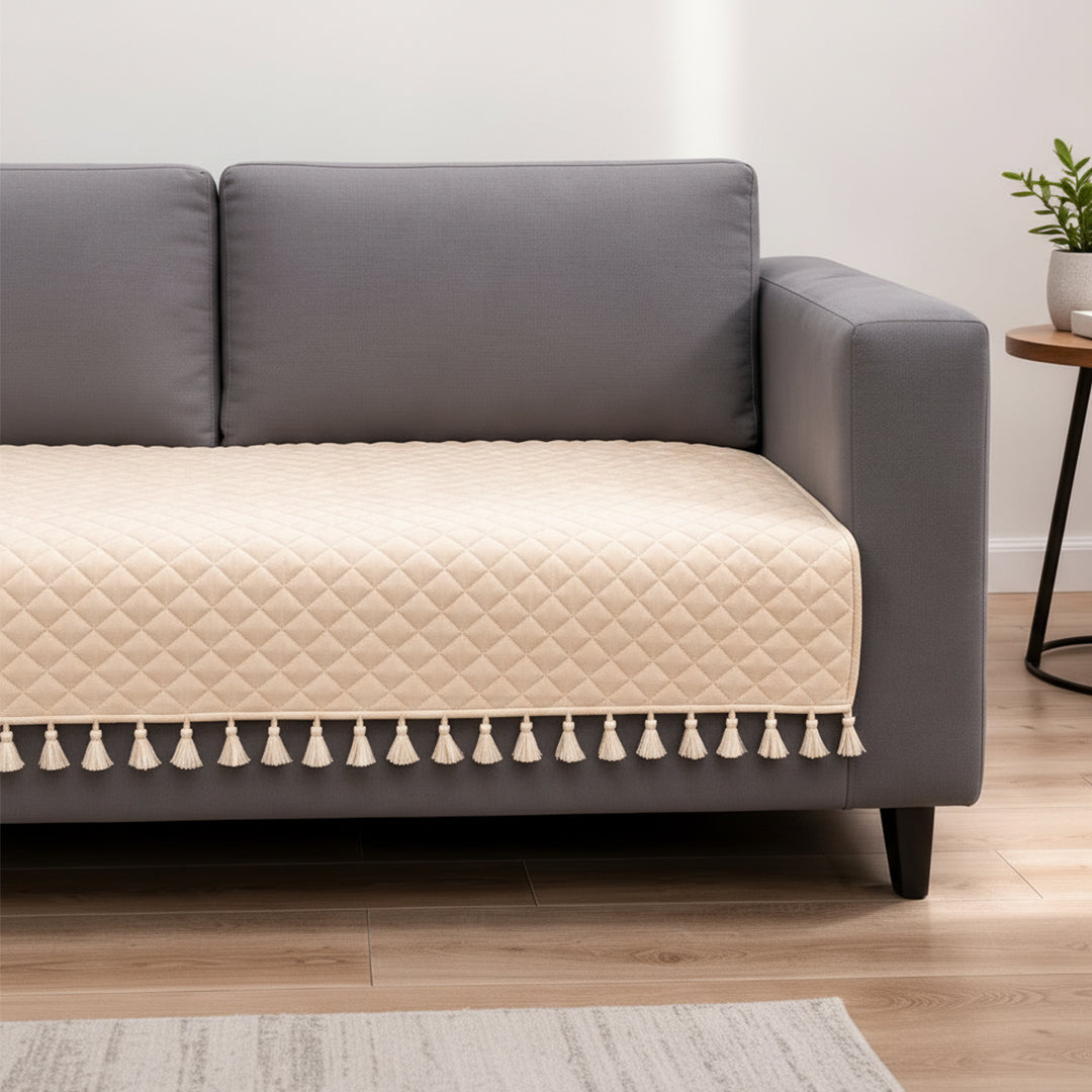 Quilted Velvet Sofa Cover with Tassels (Beige)