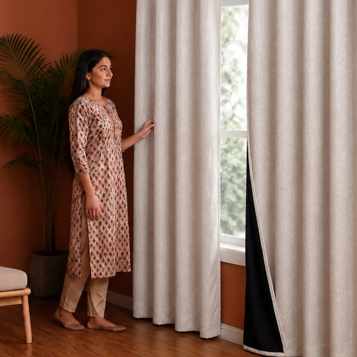 Fort Essential Abstract - Eyelet Black Backing Blackout Curtain (Off White)