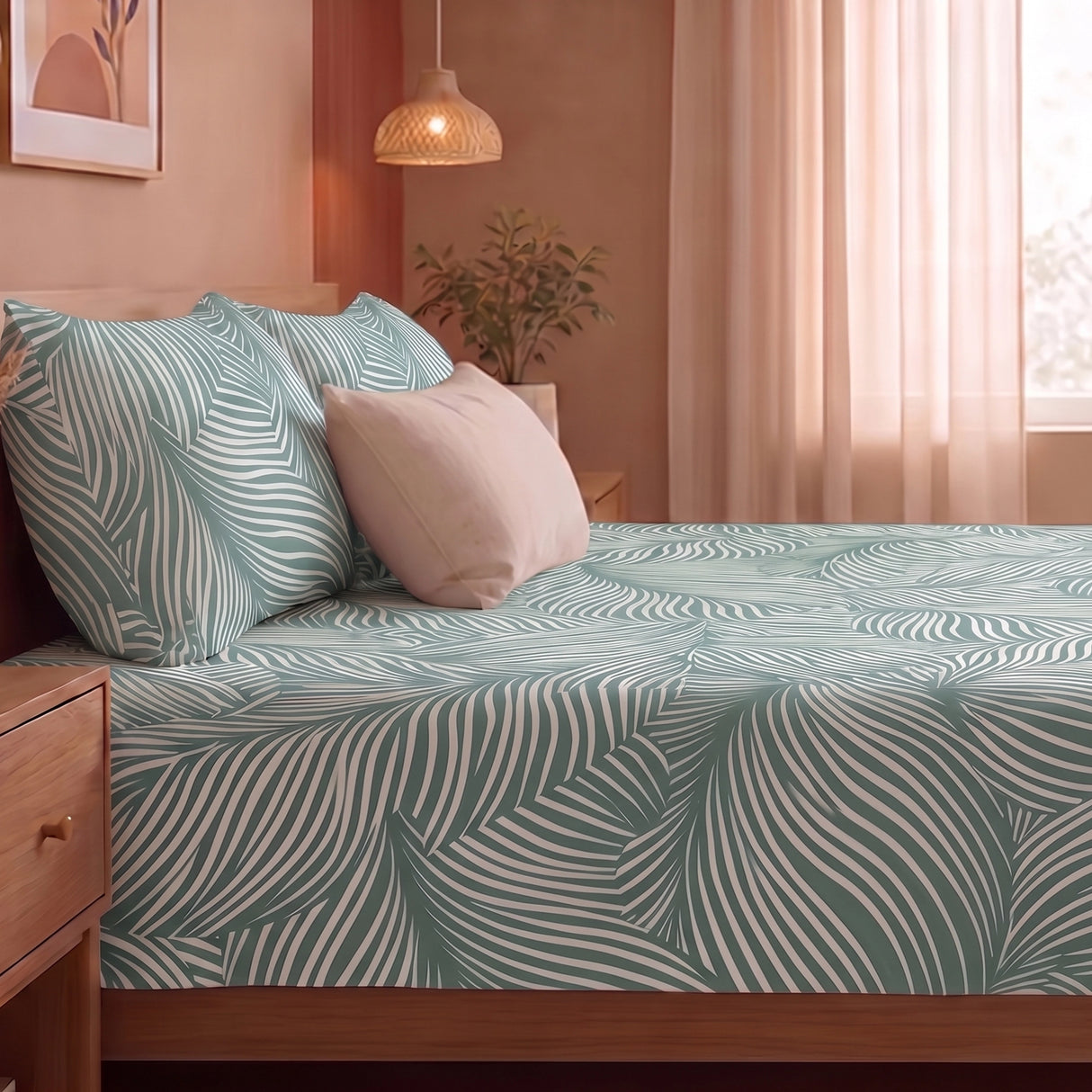 Mint Green Feather - Bedsheet (Green & White)