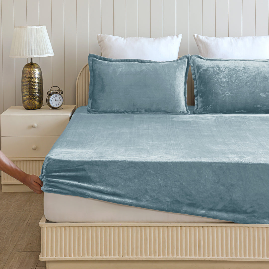 Homemonde Lightweight - Fleece Fitted Bedsheet (Frost Blue)