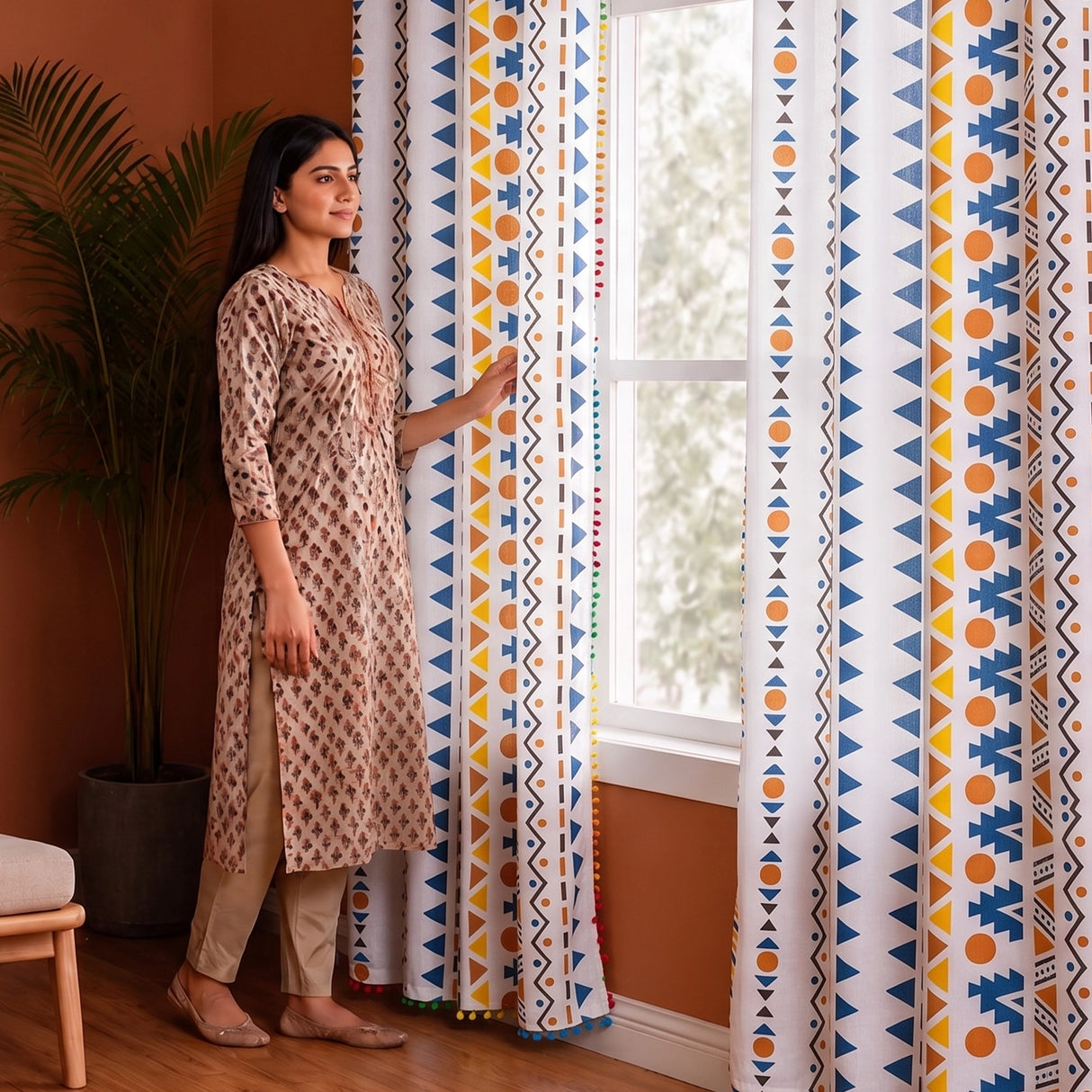 Imprimer Handpicked Santo - Rod Pocket Printed Semi Blackout Curtain (Multicolor)