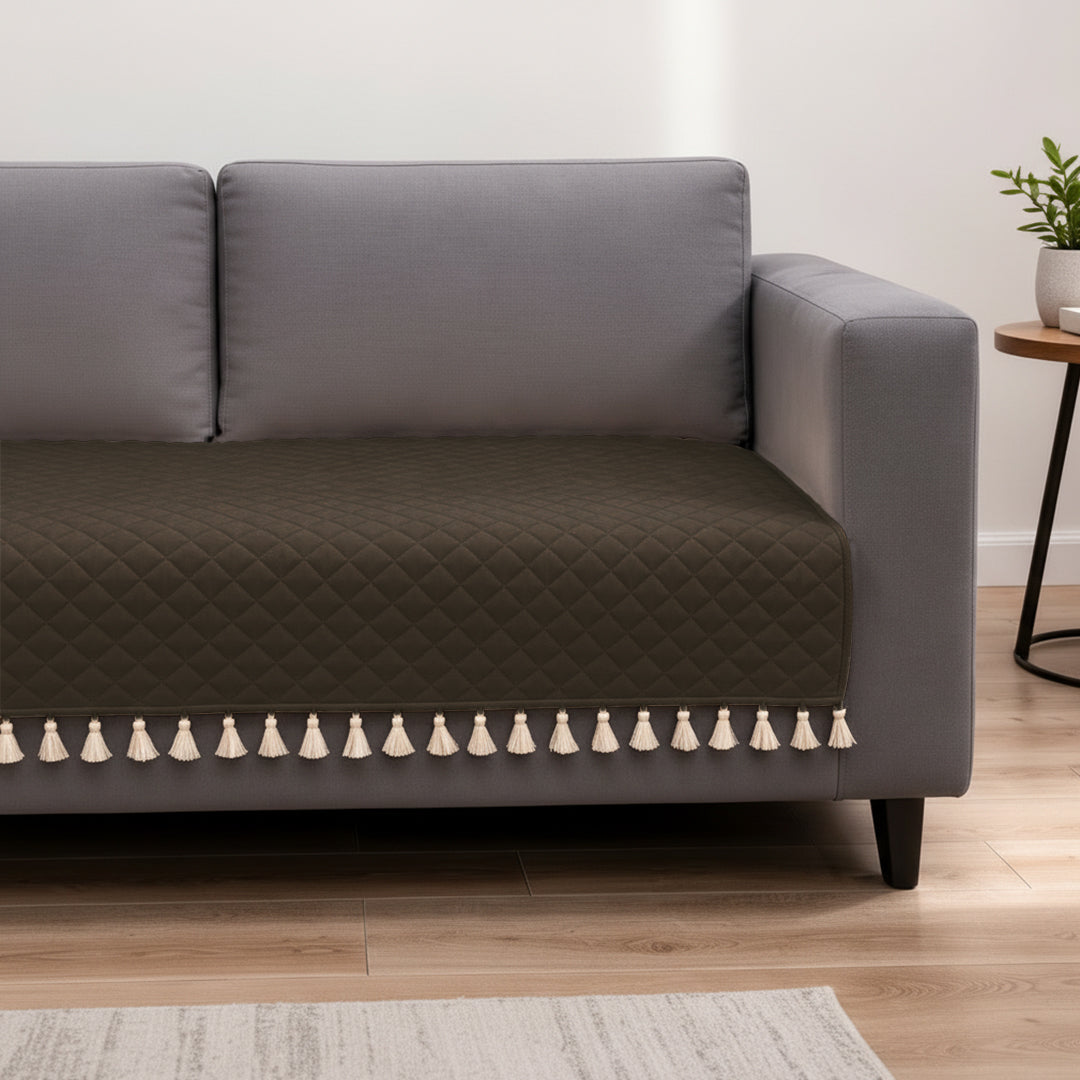 Quilted Velvet Sofa Cover with Tassels (Brown)