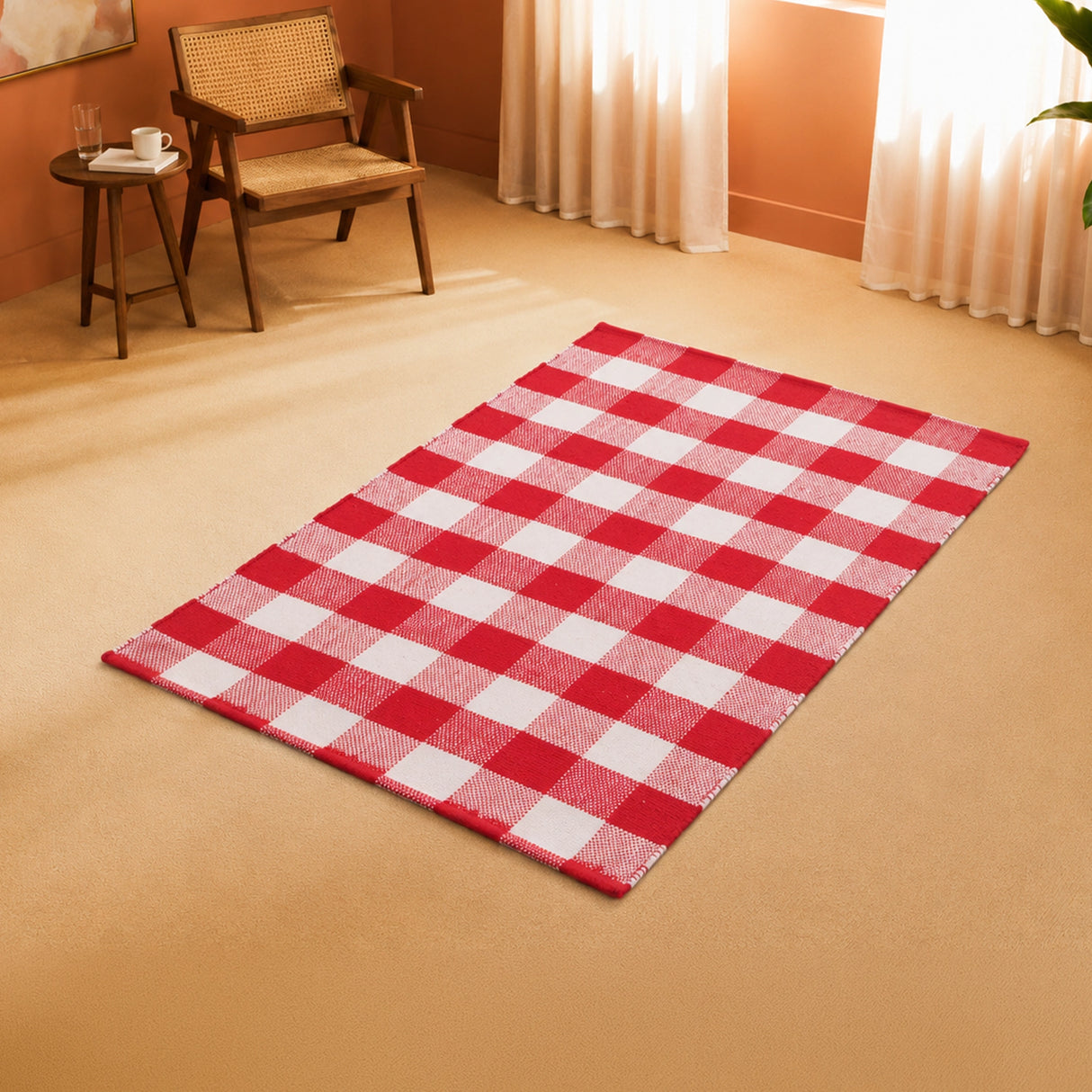 Breton Shadowplay - Plaid Rug (Red & White)