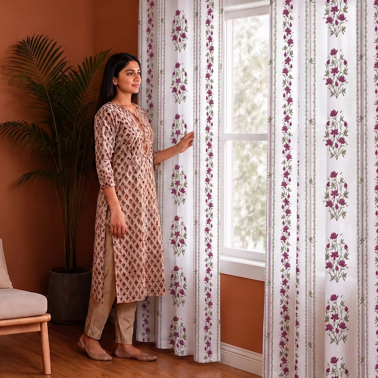 Pink Floral Petal Stripe Rod Pocket Printed duck Curtain